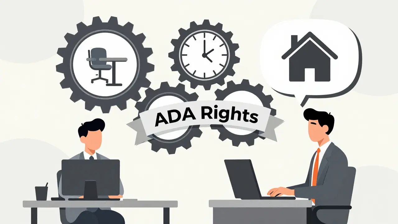 Manager and employee interacting with gears representing accommodations and ADA rights, abstract office environment.