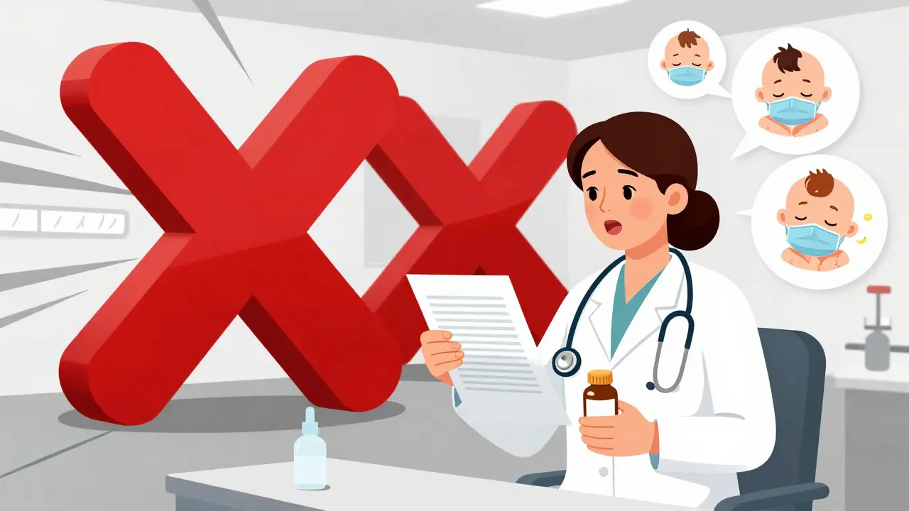 Mother advocating for safe pain management with medical professional, rejecting risky drugs.