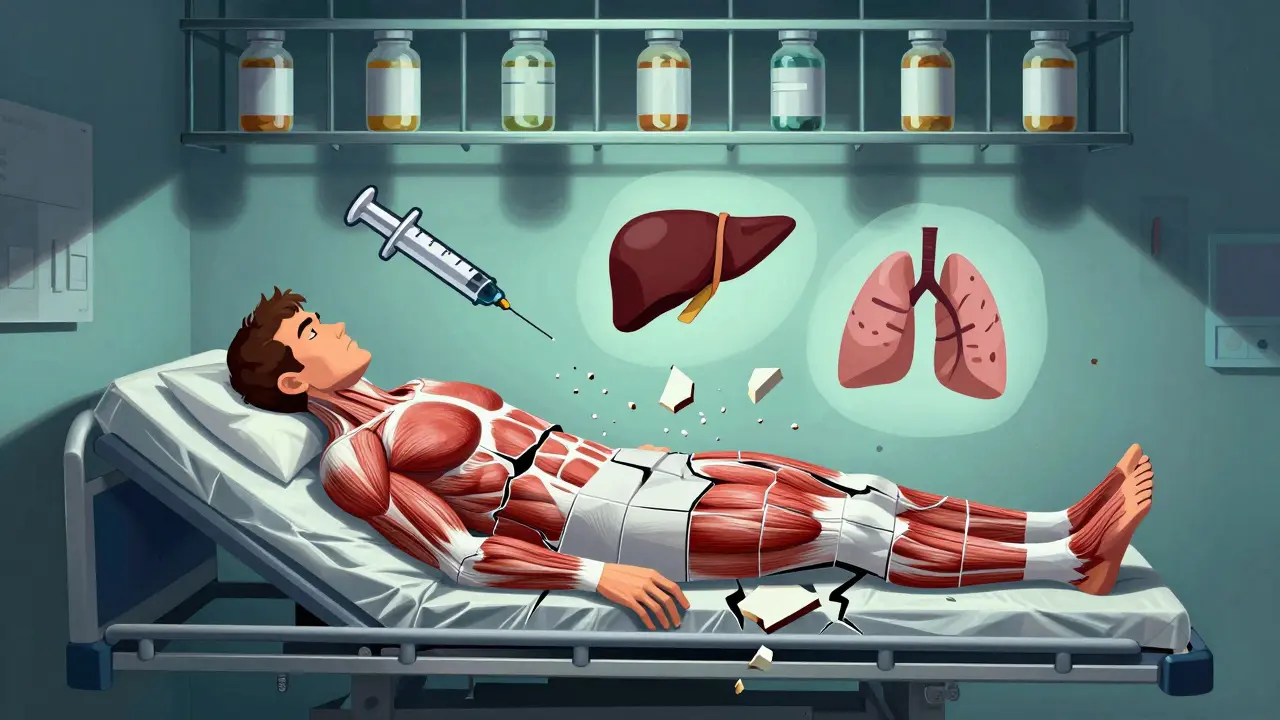 Patient's skin peeling in geometric shards, medical organs collapsing around them in hospital setting.