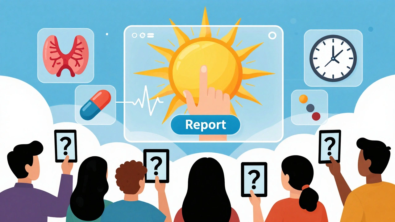 Patient pressing &#039;Report&#039; on a floating sun-shaped portal surrounded by medical icons and diverse users.