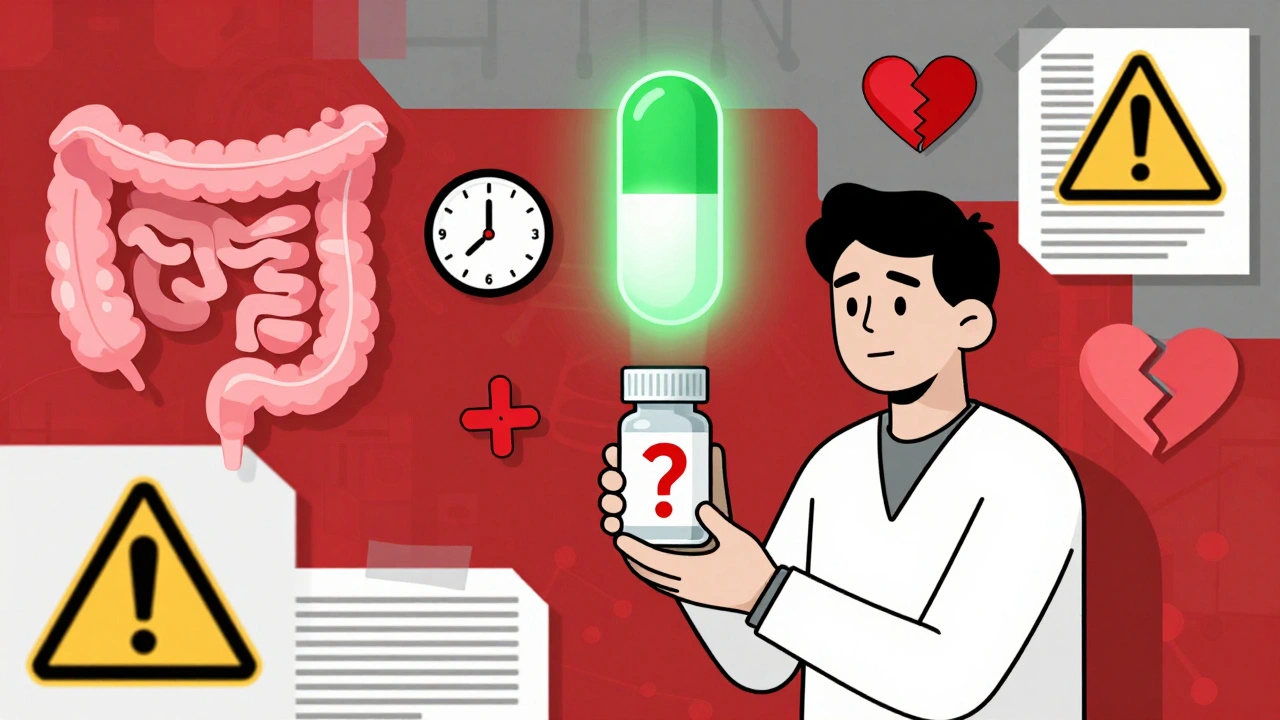 Patient surrounded by warning icons and a glowing Vimovo pill, fragmented medical charts in background, Constructivist design.