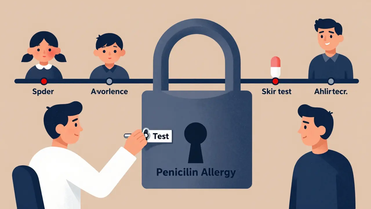 Patient unlocking a padlock labeled 'Penicillin Allergy' with a test key, timeline showing transformation from childhood rash to safe treatment.