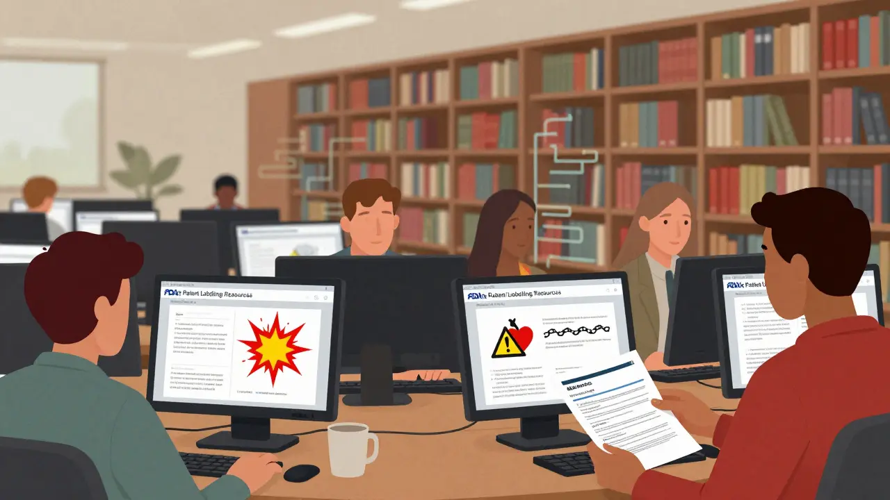 People accessing FDA drug guides online in a library with abstract warning symbols
