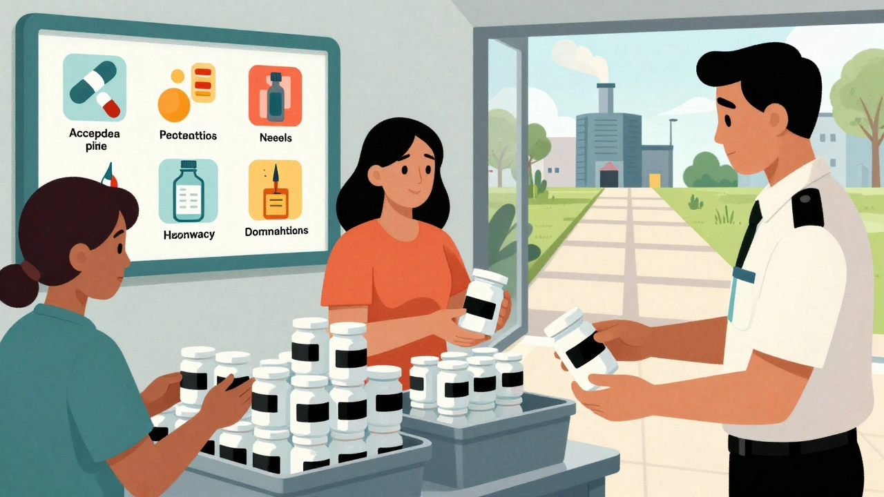 People drop off labeled medication bottles at a pharmacy take-back station, with geometric icons showing accepted and banned items.