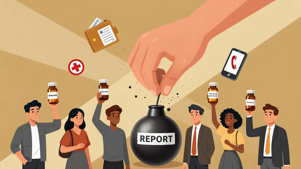 People holding medication bottles turning to bombs, crushed by a giant hand labeled 'REPORT' with emergency icons nearby.