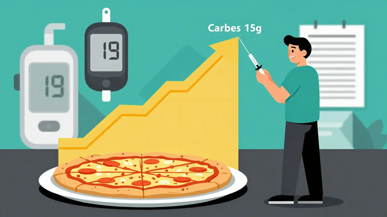 Person injecting insulin beside a graph showing blood sugar stabilizing as carb units are counted.