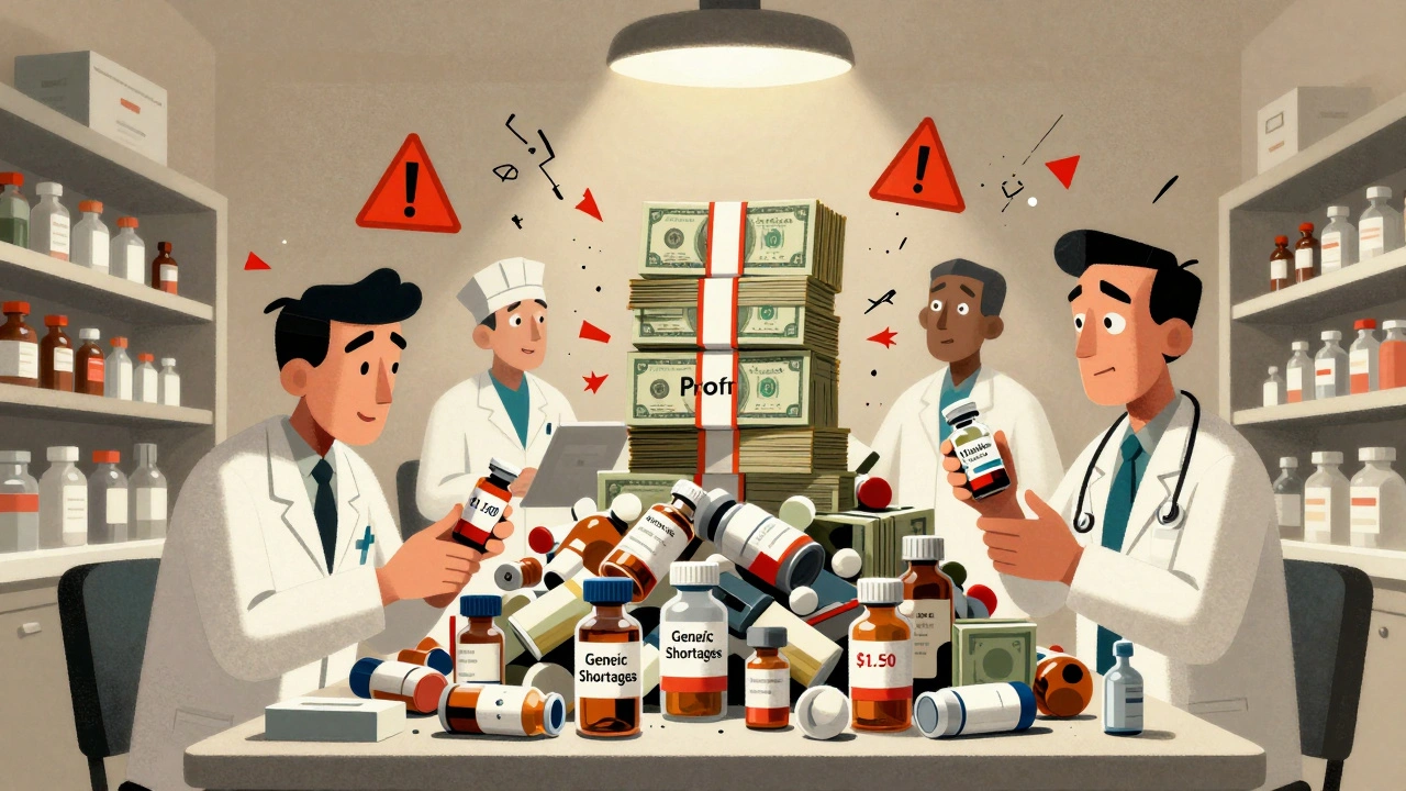 Pharmacists scramble to assemble mismatched drug vials amid a chaotic pile labeled &#039;Generic Shortages&#039;.