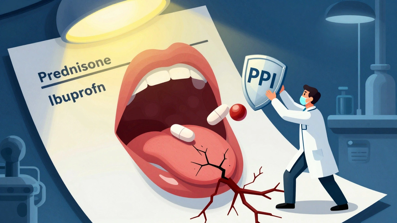 Prescription pills falling into a mouth as a doctor tries to insert a PPI shield, industrial colors and abstract blood vessels cracking.