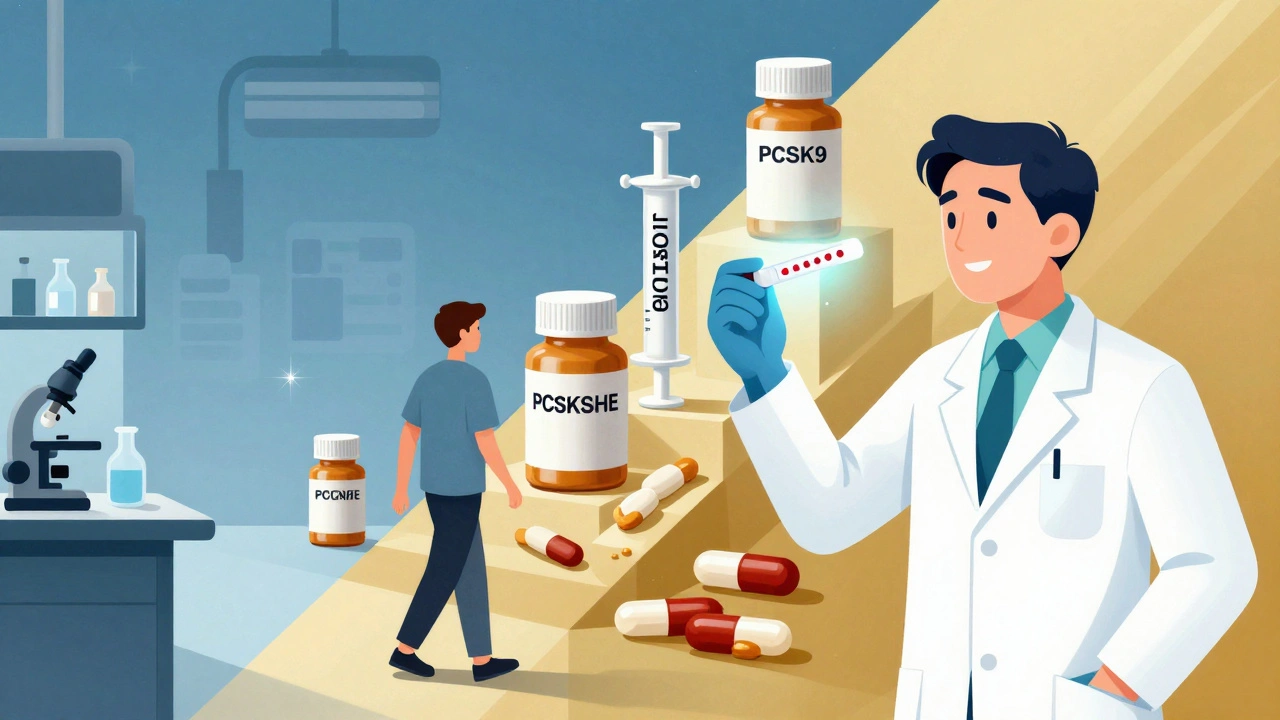 Scientist holds diagnostic test as patient walks toward non-statin heart treatments in geometric forms.