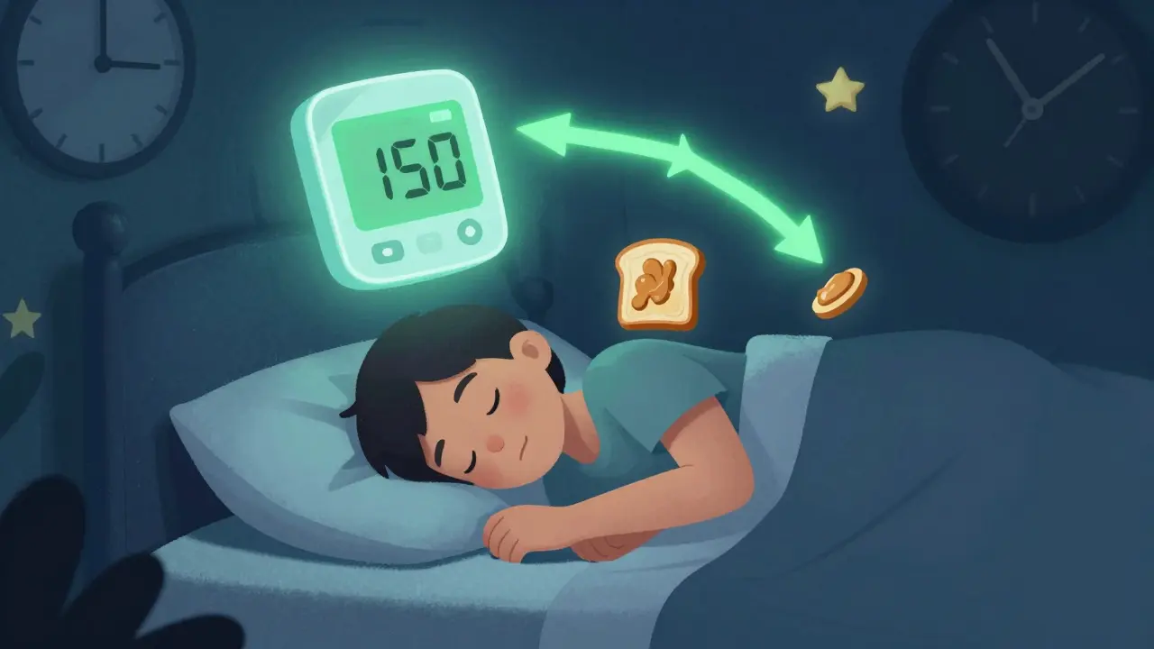 Sleeping person with glowing CGM and bedtime snack, glucose trends stabilizing at night.