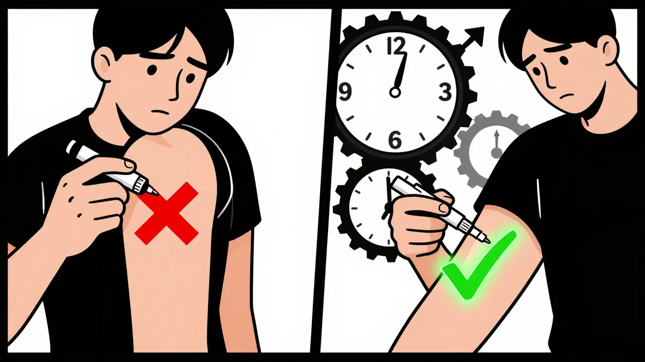 Split illustration comparing correct vs incorrect epinephrine injection sites