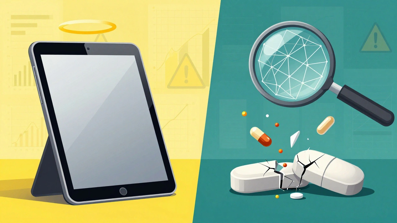 Split image compares perfect brand-name tablet to cracked generic with floating excipient particles and analytical grid.