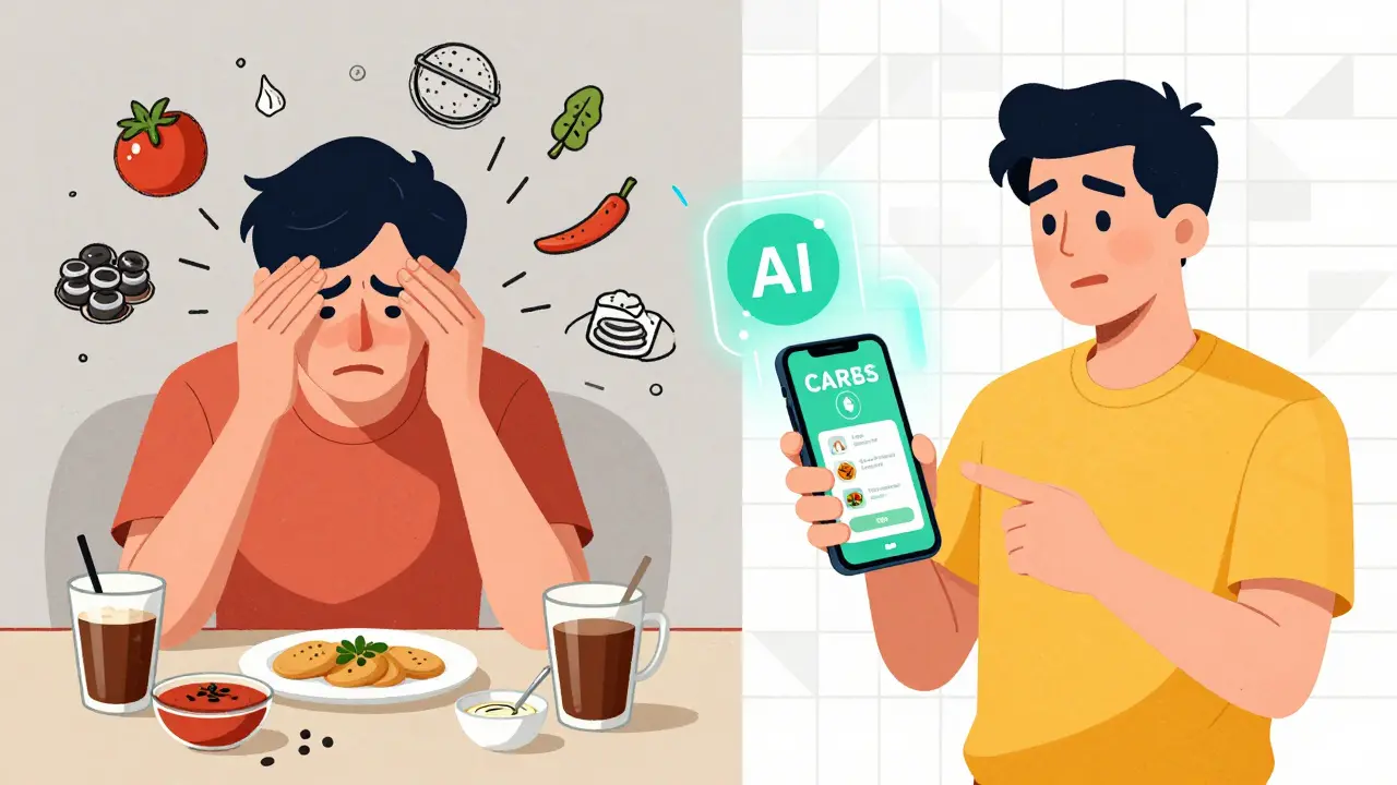 Split scene: confusion with hidden carbs vs. confident app scanning with floating carb estimates.