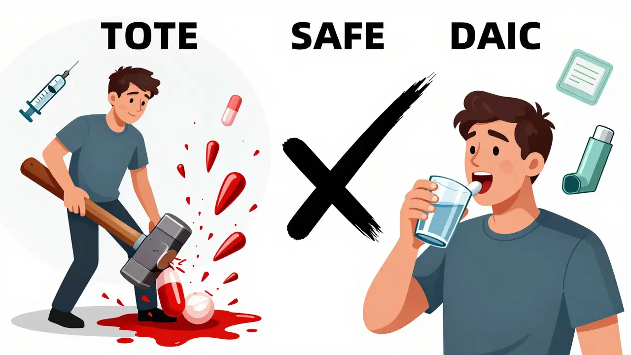 Split scene: crushing pill vs. safe swallowing, with safety icons and checkmark.