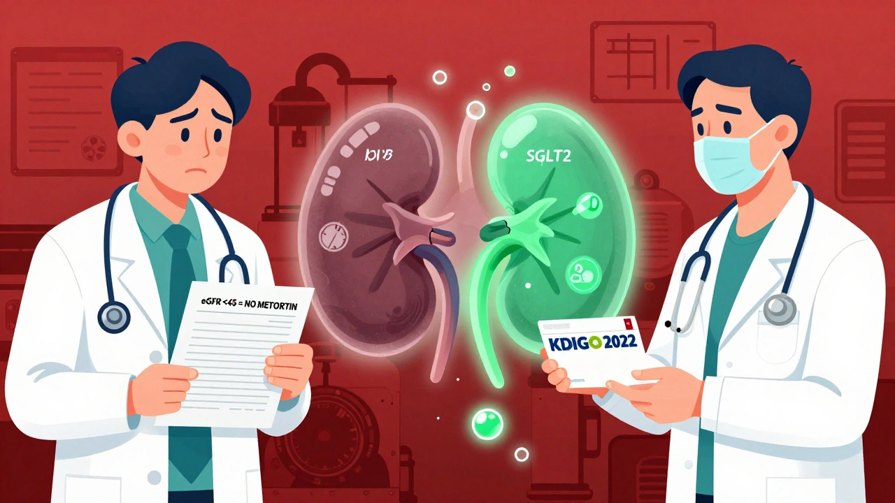 Split scene: outdated medical chart vs modern prescription, with a transforming kidney between them under KDIGO 2022 branding.