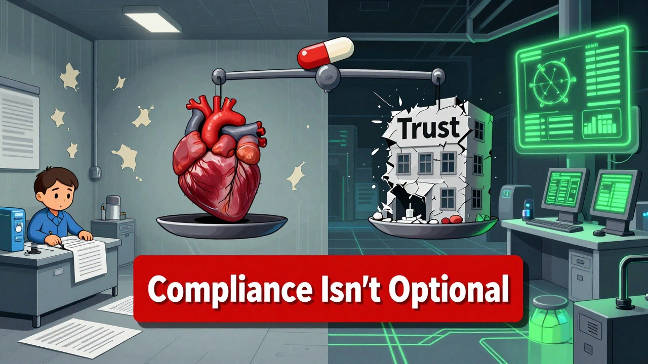 Split scene: small manufacturer vs. high-tech facility, a single pill balancing trust against collapse, bold text reads &#039;Compliance Isn’t Optional&#039;.