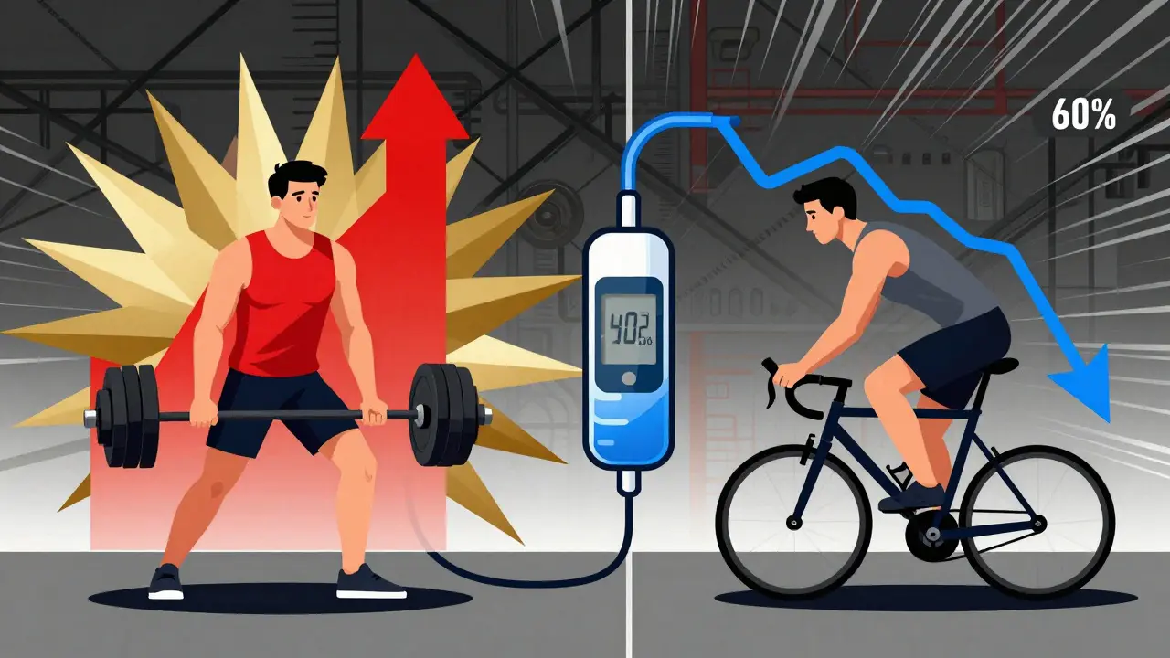 Split workout scene: weightlifting raises glucose, cycling lowers it, with insulin reduction slider.