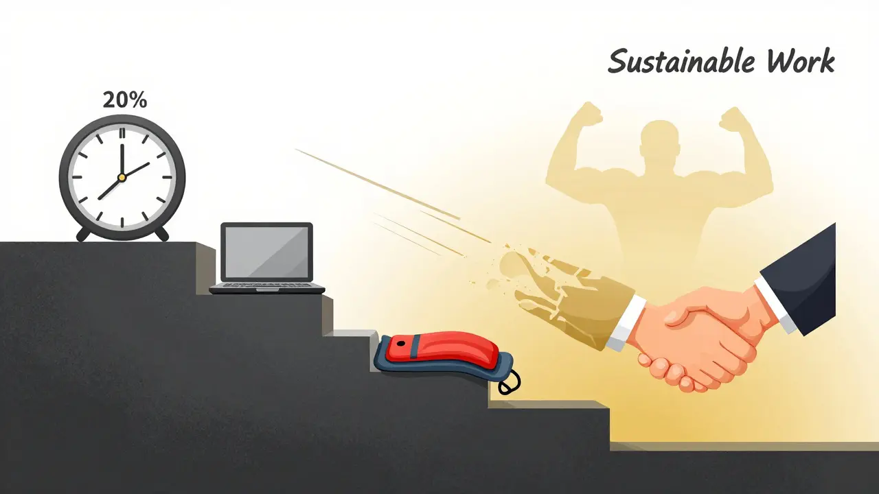 Staircase of work tools leading from fatigue to sustainable employment, symbolic progression toward workplace resilience.