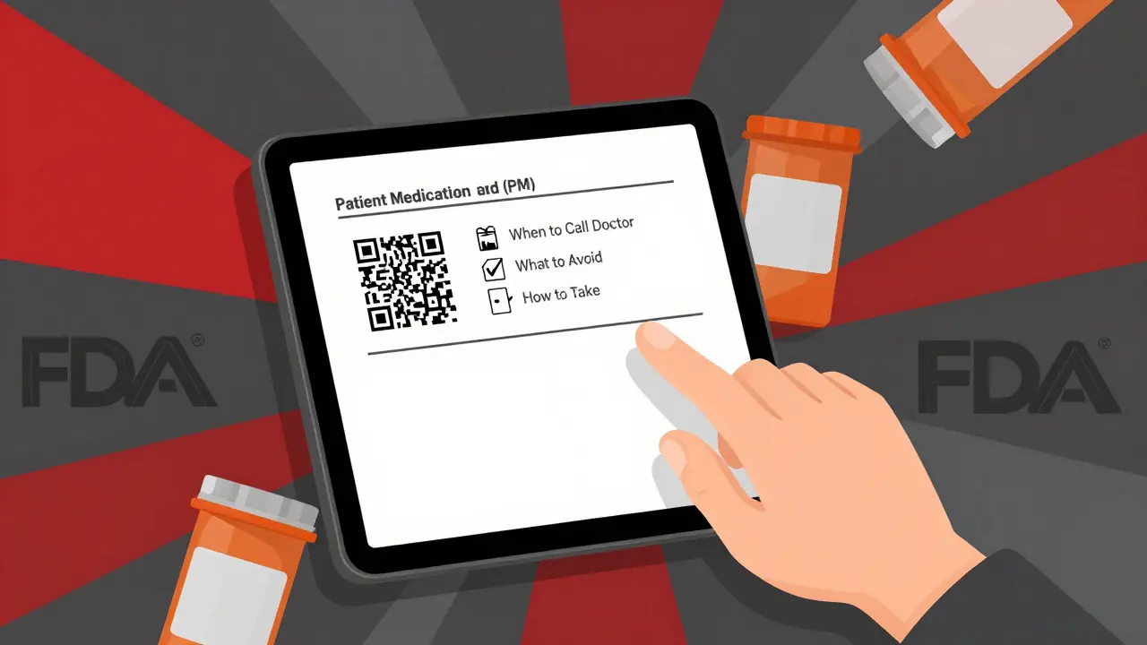 Tablet showing simplified one-page medication info with QR code