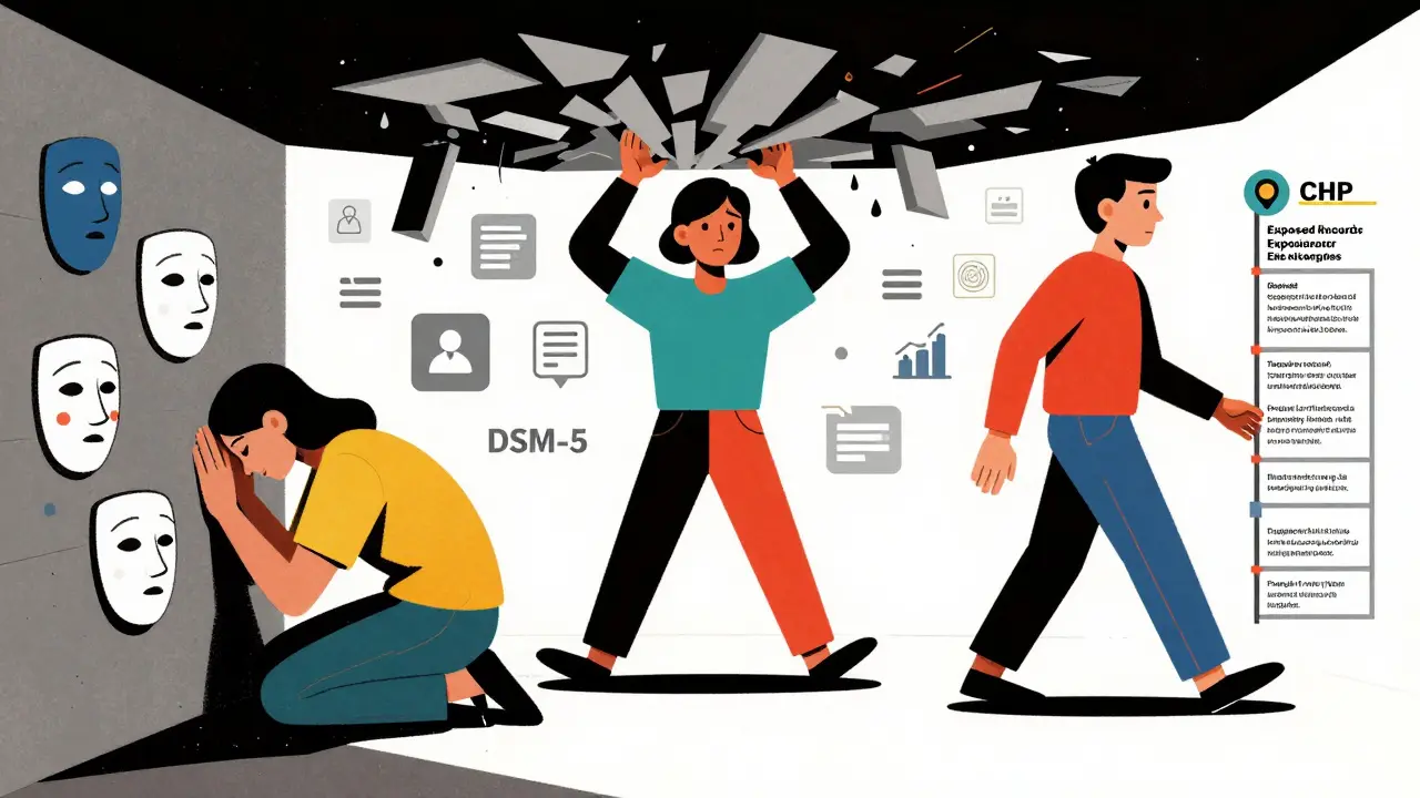 Three abstract personas confronting anxiety types, illustrated with bold Constructivist shapes and diagnostic icons.