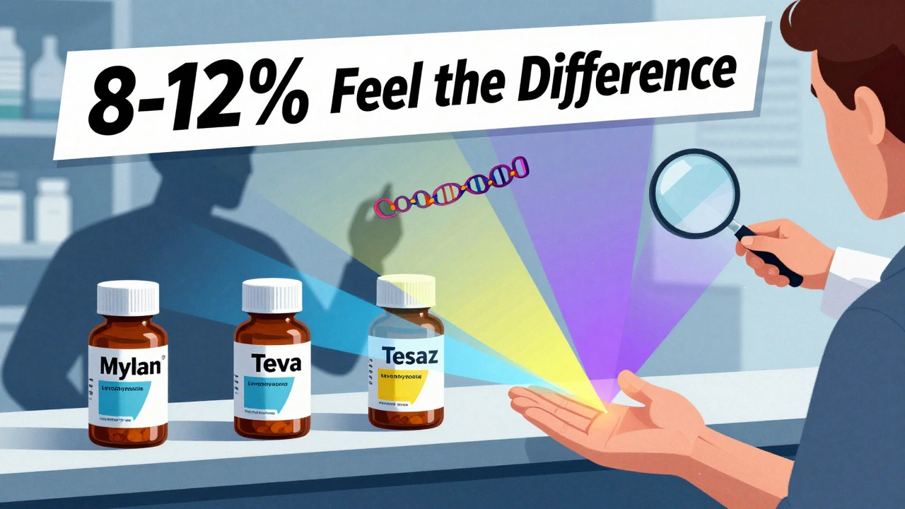 Three generic thyroid medication bottles emitting colored light toward a patient’s hand, with a hidden gene strand and warning banner.