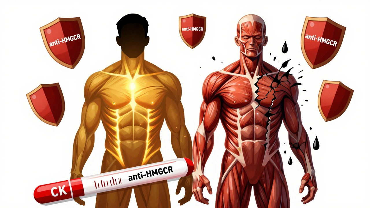 Two human figures contrast: healthy muscle vs. damaged tissue spilling myoglobin, with antibody icons and high CK levels.