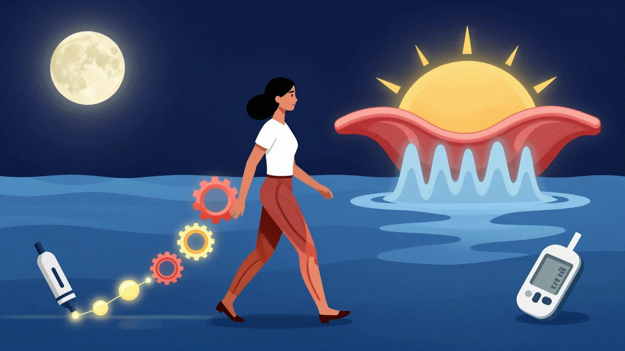 Woman walking at night with glowing glucose trails and geometric health symbols