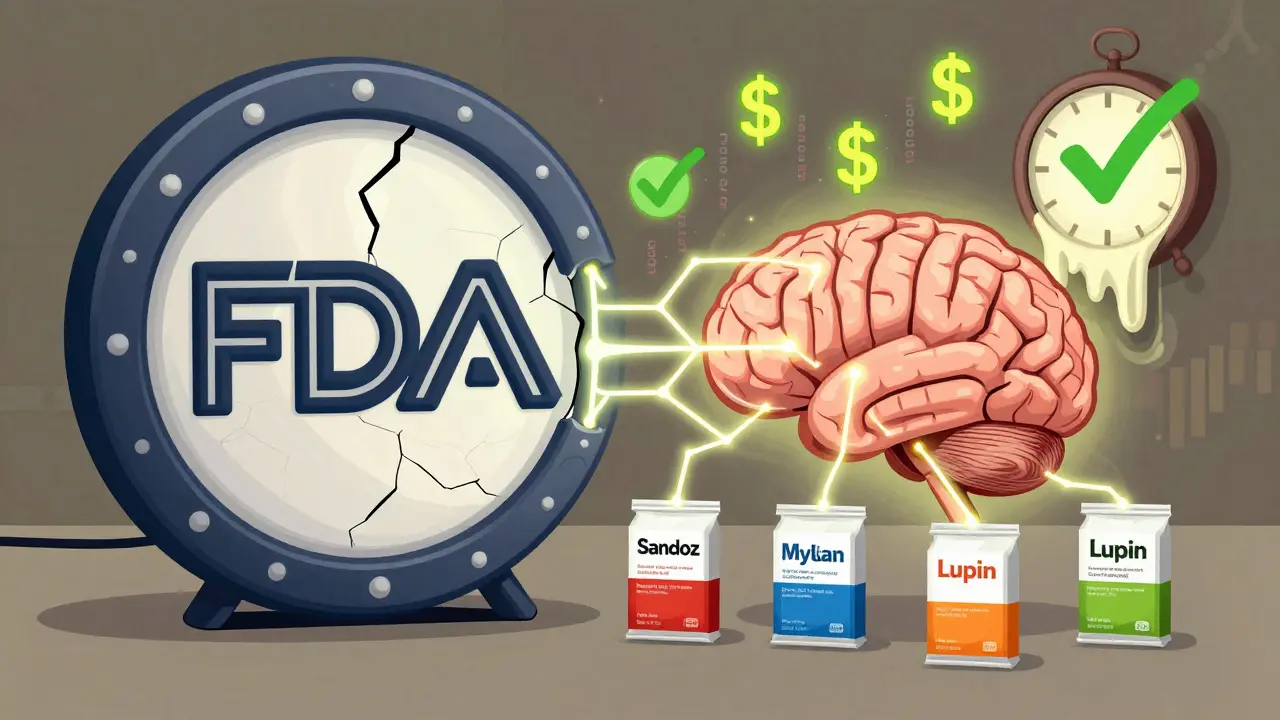 A cracked FDA seal being pushed open by a brain-shaped dissolution model, with drug company logos and data streams flowing from it.