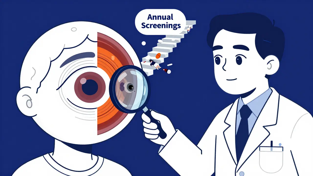 A doctor examines an eye split between healthy tissue and Plaquenil-induced retinal damage, with patients falling into darkness.