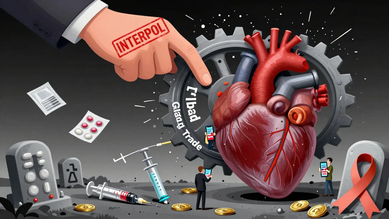 A giant gear labeled 'Global Drug Trade' crushes a heart, while consumers click 'Buy Now' and INTERPOL tries to stop it.