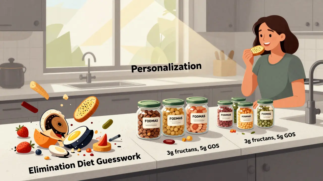 A kitchen counter showing three stages of dietary testing, from chaos to precision, with labeled jars and a woman enjoying food.