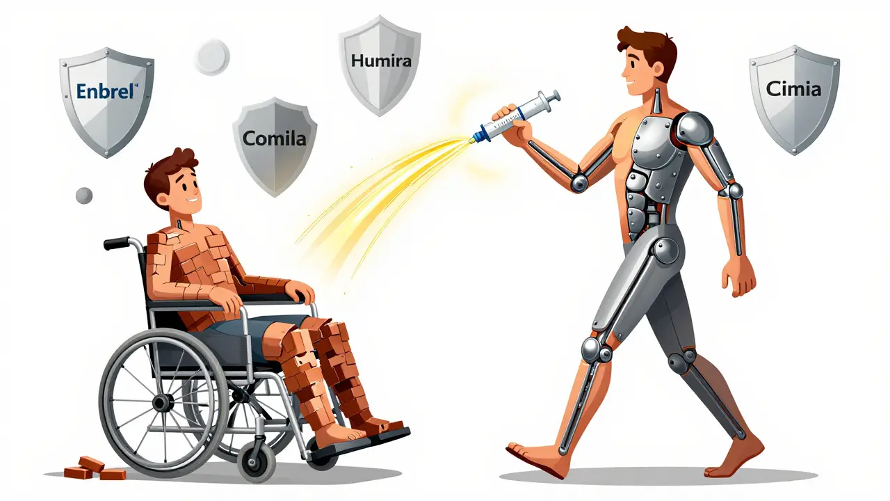 A patient transitions from wheelchair to walking strength as TNF inhibitors transform damaged joints into smooth steel plates.