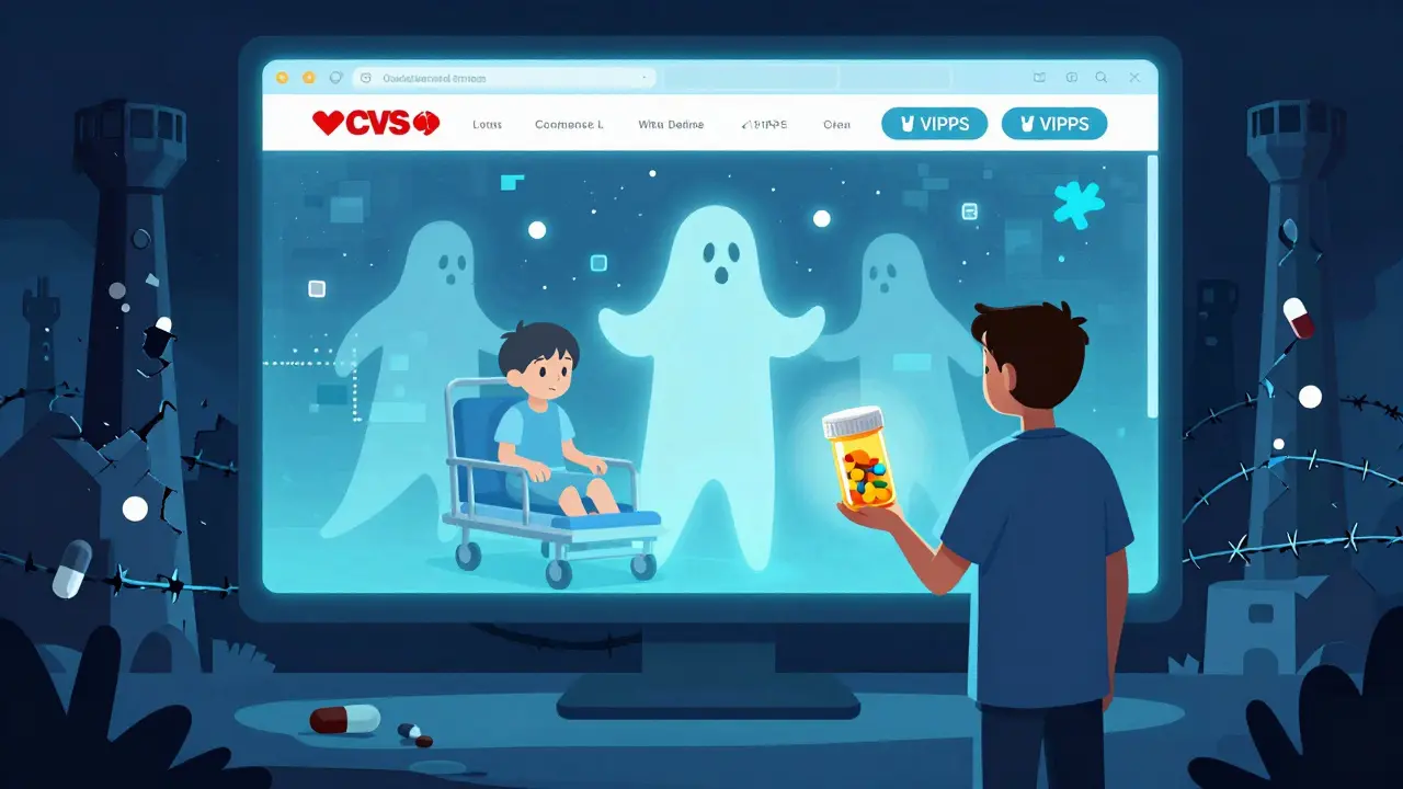 A person holds suspicious pills in front of a fake pharmacy website, with ghostly hospital figures emerging from the screen.