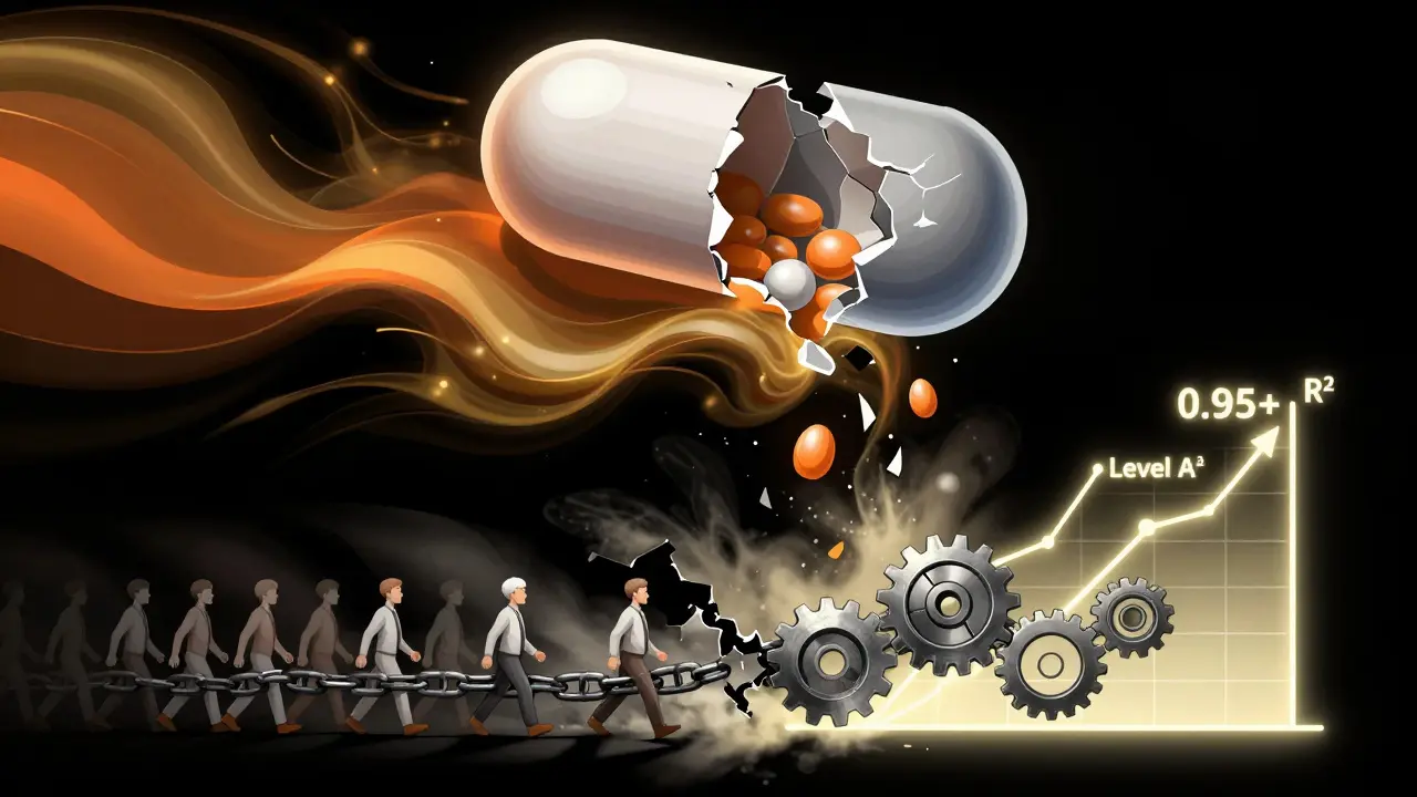 A pill dissolving in fluid with abstract absorption waves, while human volunteers fade away, replaced by a glowing correlation graph made of gears.
