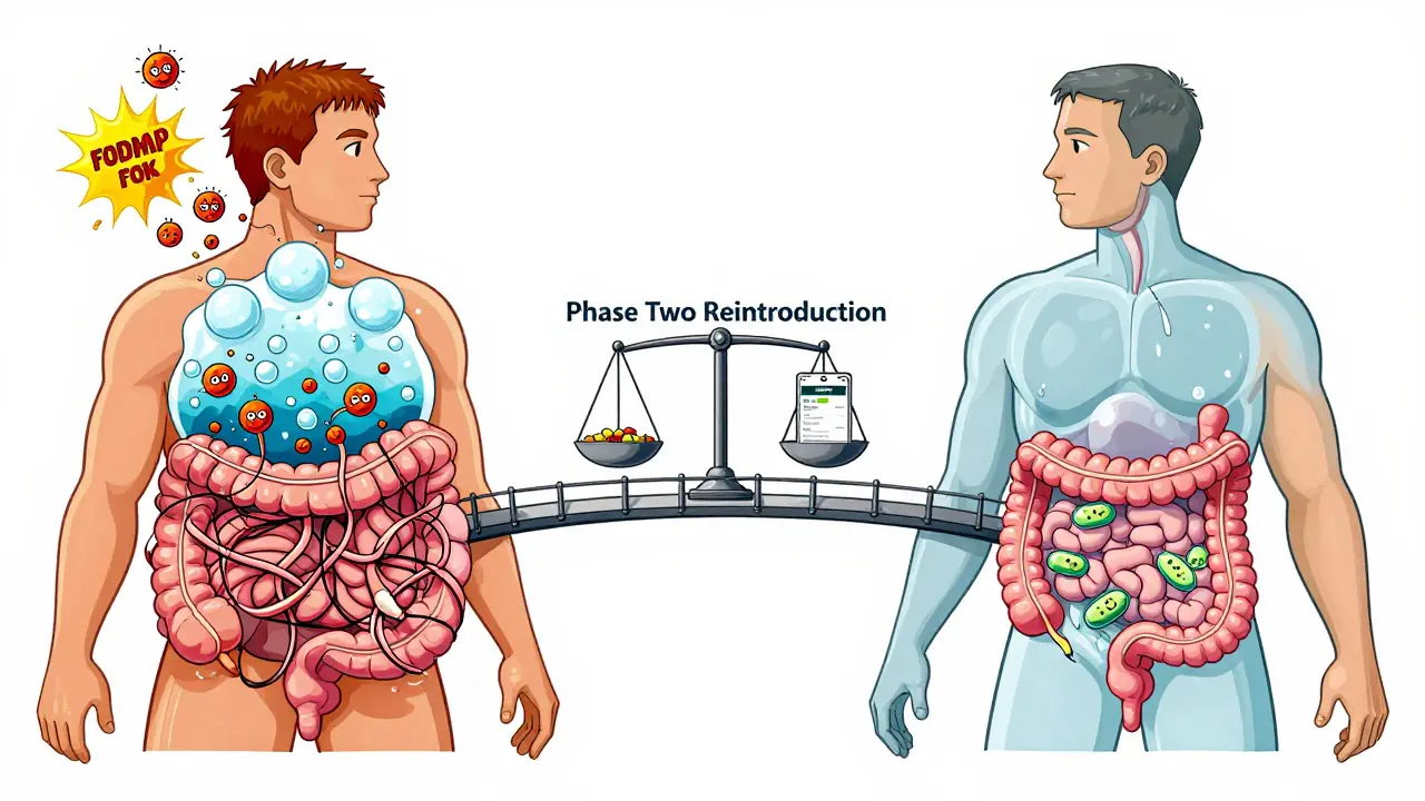 A split human body showing a chaotic gut on one side and a calm digestive tract on the other, with FODMAP molecules and a Monash app.