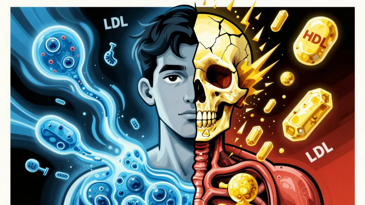 A split portrait showing healthy cells versus cholesterol crystals erupting from the body, with medical icons floating around.