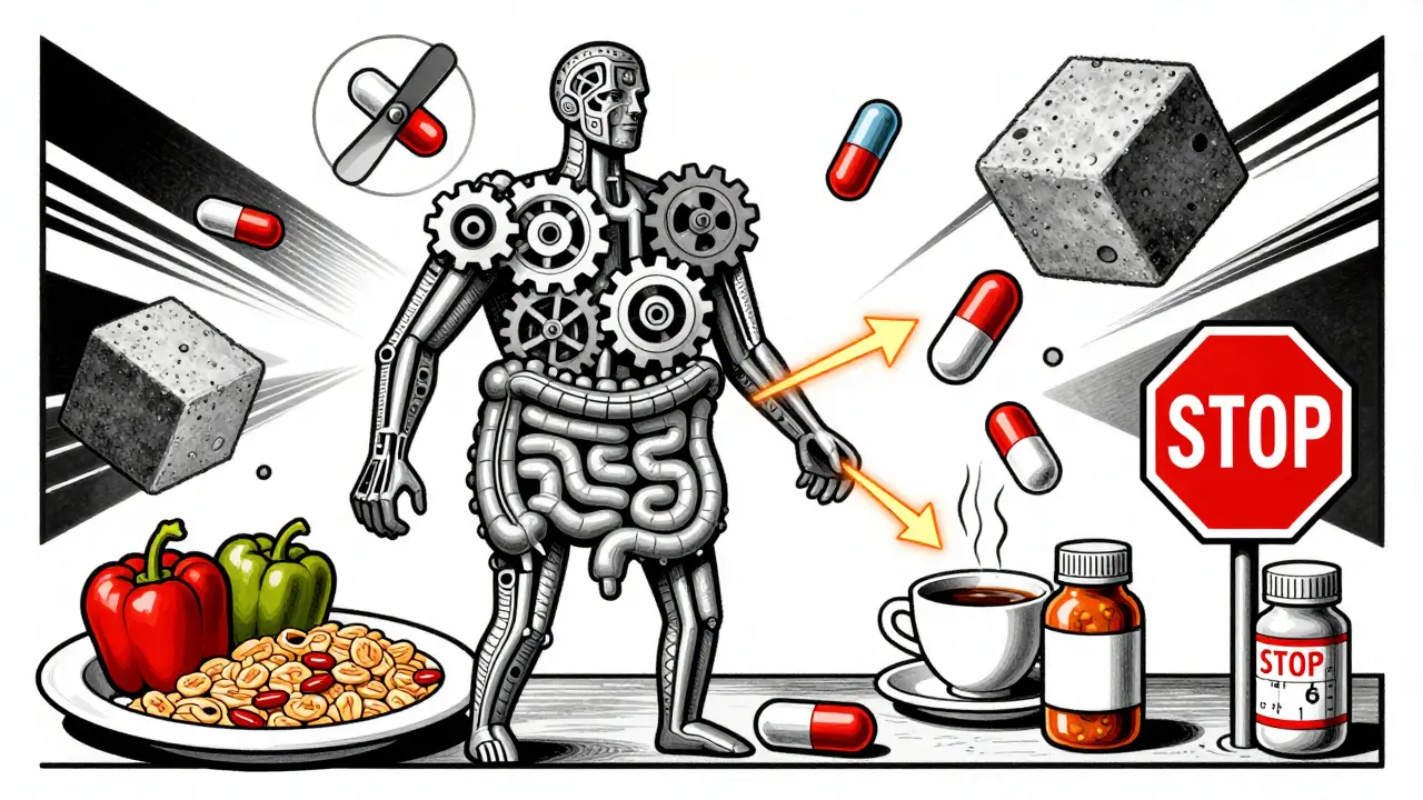 Abstract human body with gears and intestines, vitamin C propellers overcoming calcium and antacid blocks.