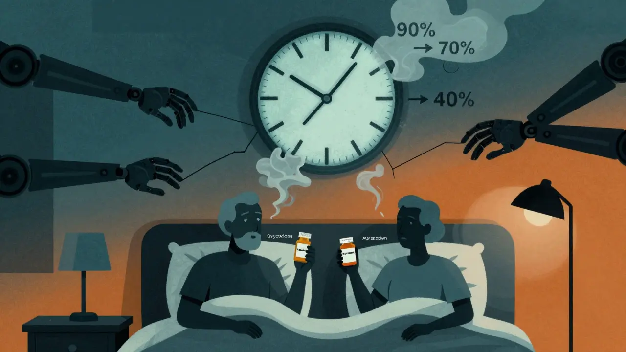 An elderly couple in bed with fading oxygen levels above them, surrounded by melting clock and smoke.
