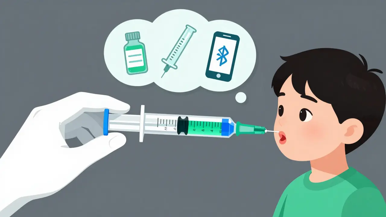 Color-changing syringe turning green at correct dose, with icons of shaking bottle and Bluetooth connection floating nearby.