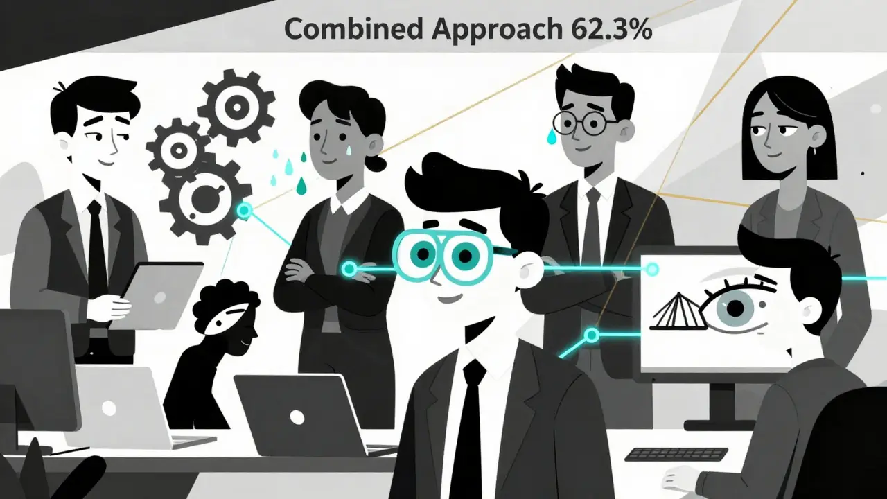 Diverse office workers with abstract eye visualizations connected by glowing lines, symbolizing combined CVS relief