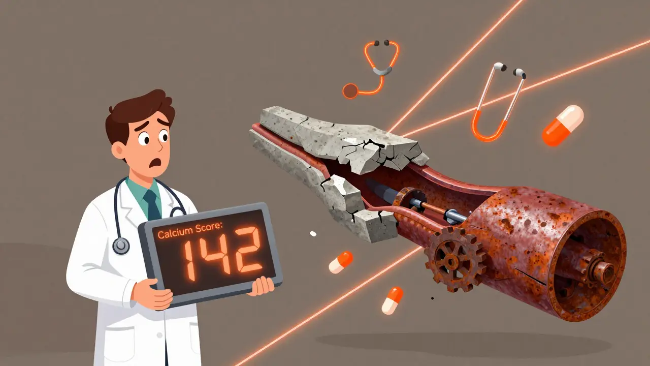 Doctor holding a large calcium score number while patient stares at a fragmented, metallic artery model.