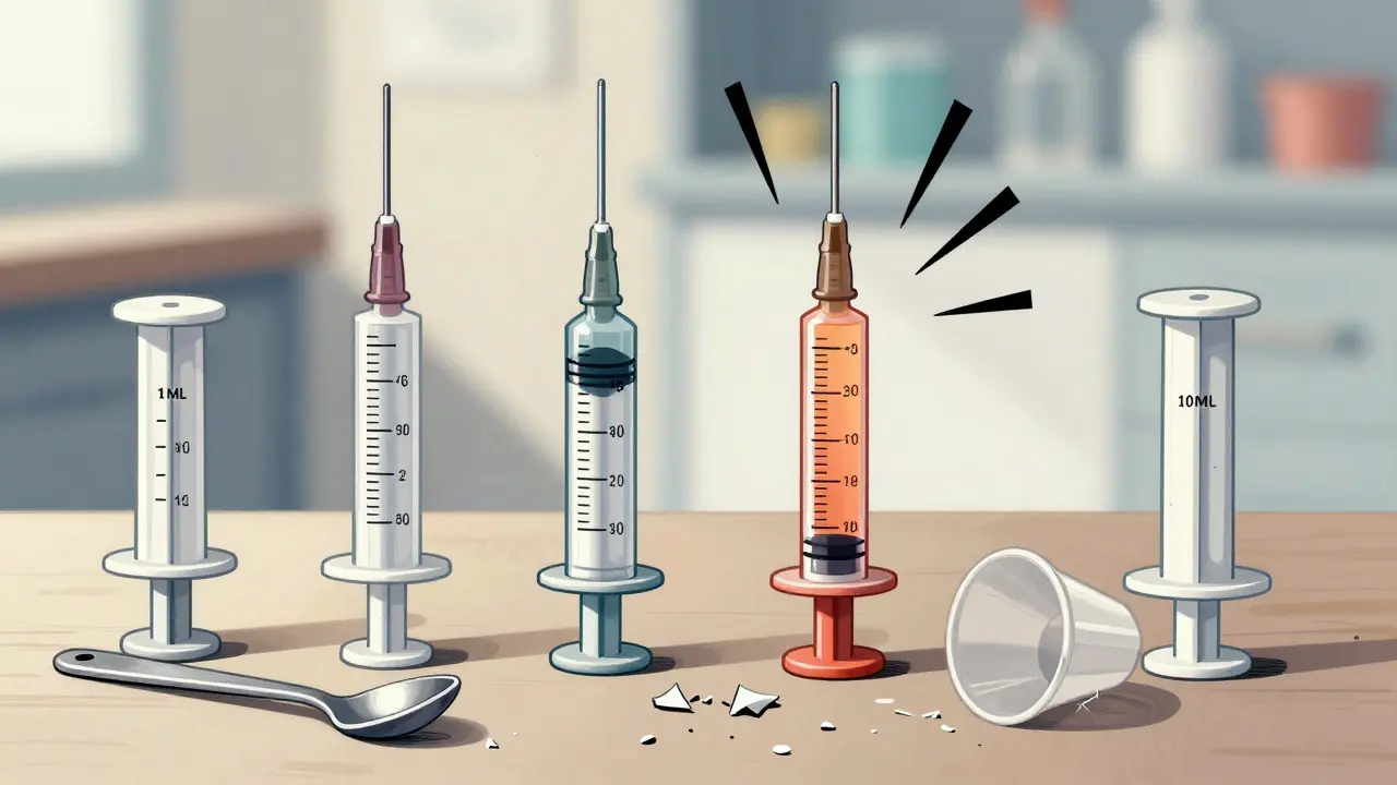 Four calibrated oral syringes compared to broken kitchen spoon and plastic cup, highlighting precision medical tools.