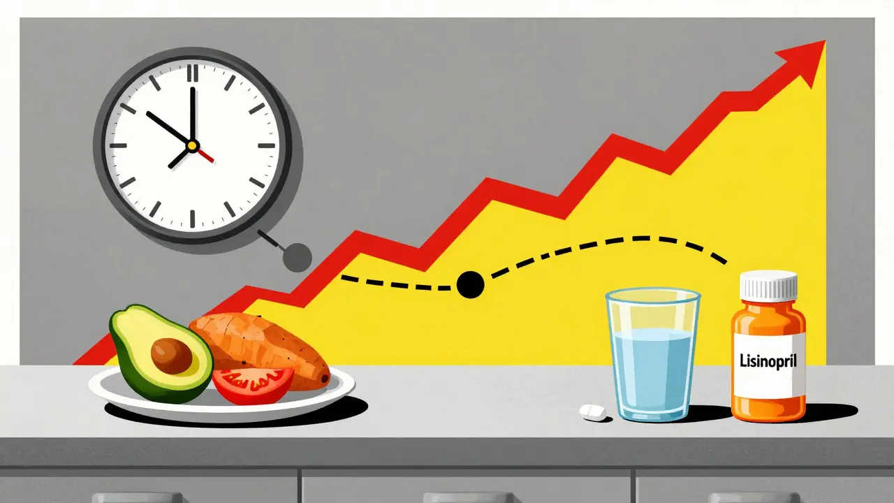 Kitchen counter with high-potassium foods and pill bottle separated by two-hour timeline and rising graph