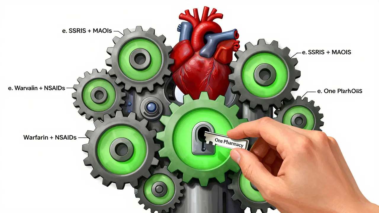 Mechanical checklist monument with dangerous drug interaction gears, a hand inserting a key labeled 'One Pharmacy'.