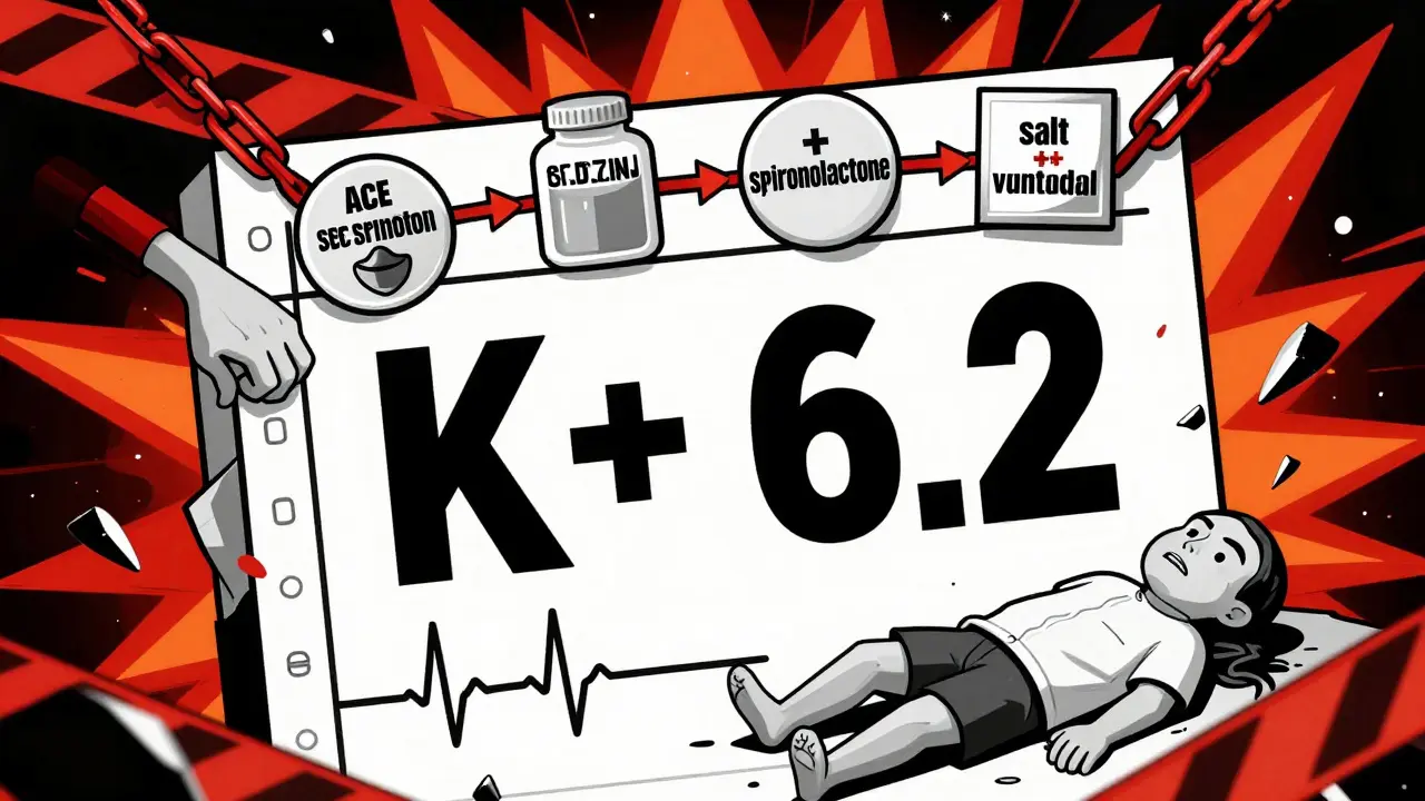 Medical chart showing dangerously high potassium level with warning icons and red chains