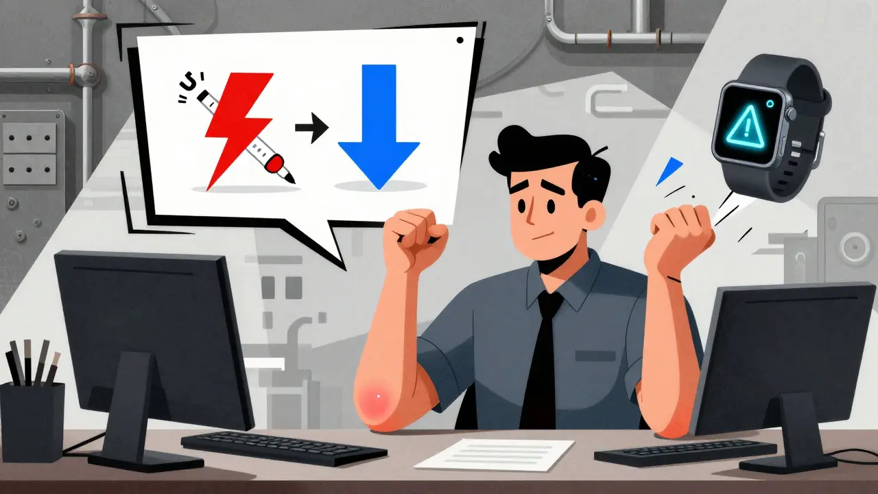 Office worker with elbow bursitis and tendinitis, contrasted by medical icons and smartwatch alert in abstract composition.