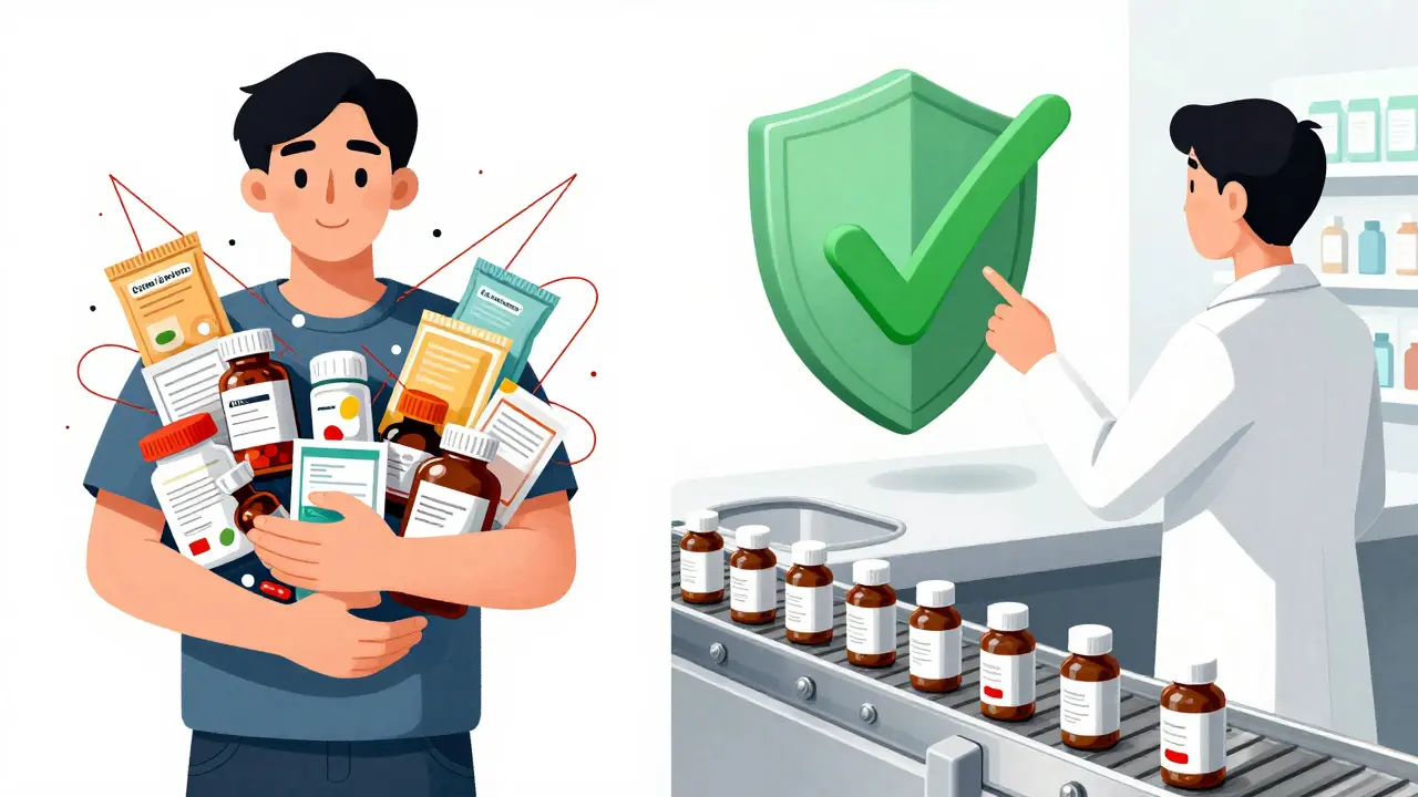 Patient surrounded by chaotic pills on one side, orderly pharmacy pickup on the other, with a green checkmark.