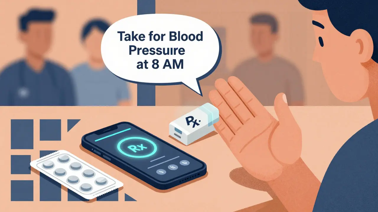 Person using a talking pill device with voice bubble and tactile organizer nearby.