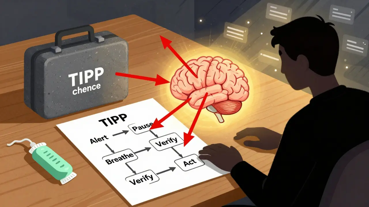 Personal alert kit with stone, gum, and flowchart, brain glowing with calm focus amidst resolved alerts.