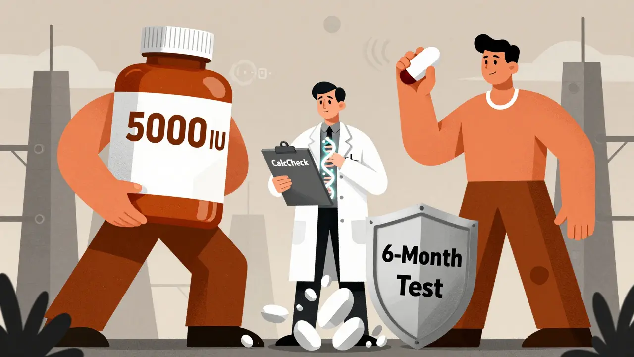 Pharmacist blocking dangerous calcium buildup with a test shield, giant vitamin D and thiazide figures looming, Constructivist design.